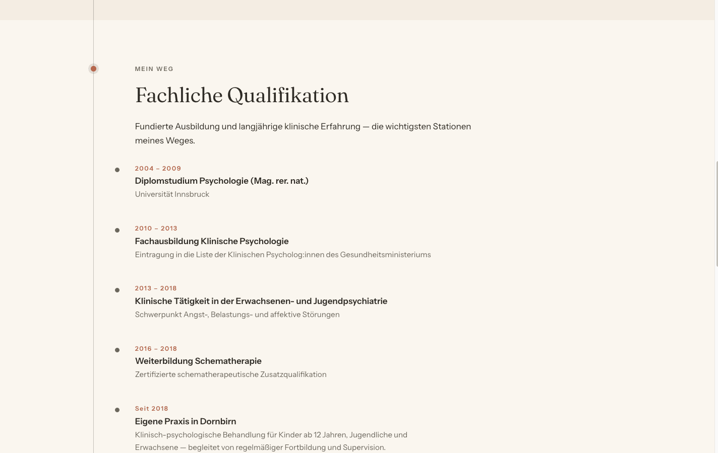 photo: Screenshot Über-mich-Seite mit rotem Faden und CV-Zeitstrahl, Desktop