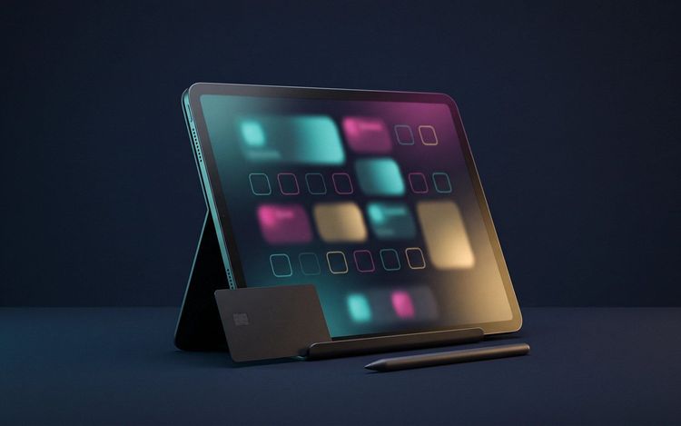 Tablet mit einer abstrakten Buchungsoberfläche, davor eine Karte und ein Stift
