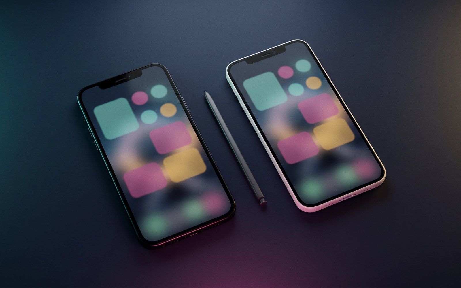 Zwei Smartphones mit abstrakten App-Kacheln, dazwischen ein Stift