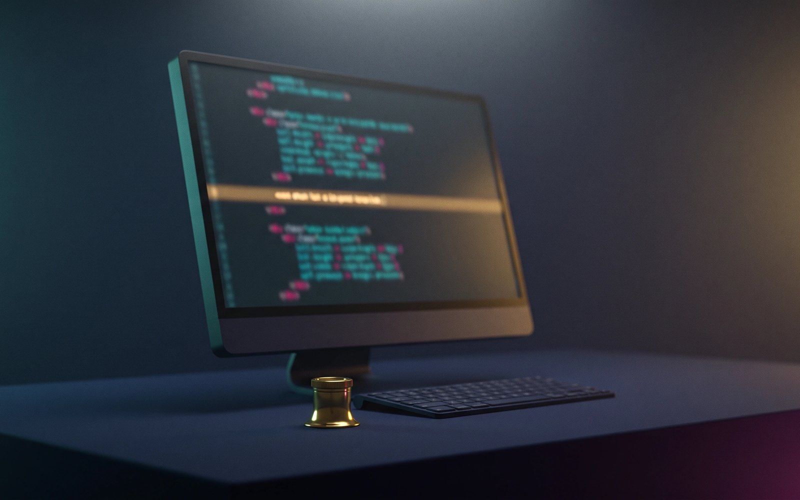 Monitor mit unscharfem Programmcode und einer hervorgehobenen Zeile, davor eine Lupe