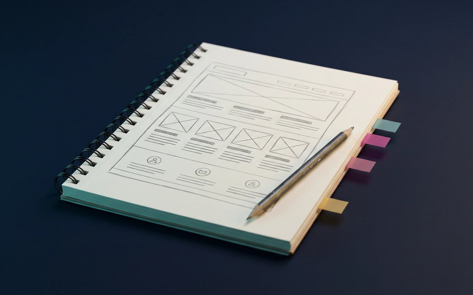 Skizzenbuch mit dem Bleistift-Wireframe einer Website, farbige Register am Rand