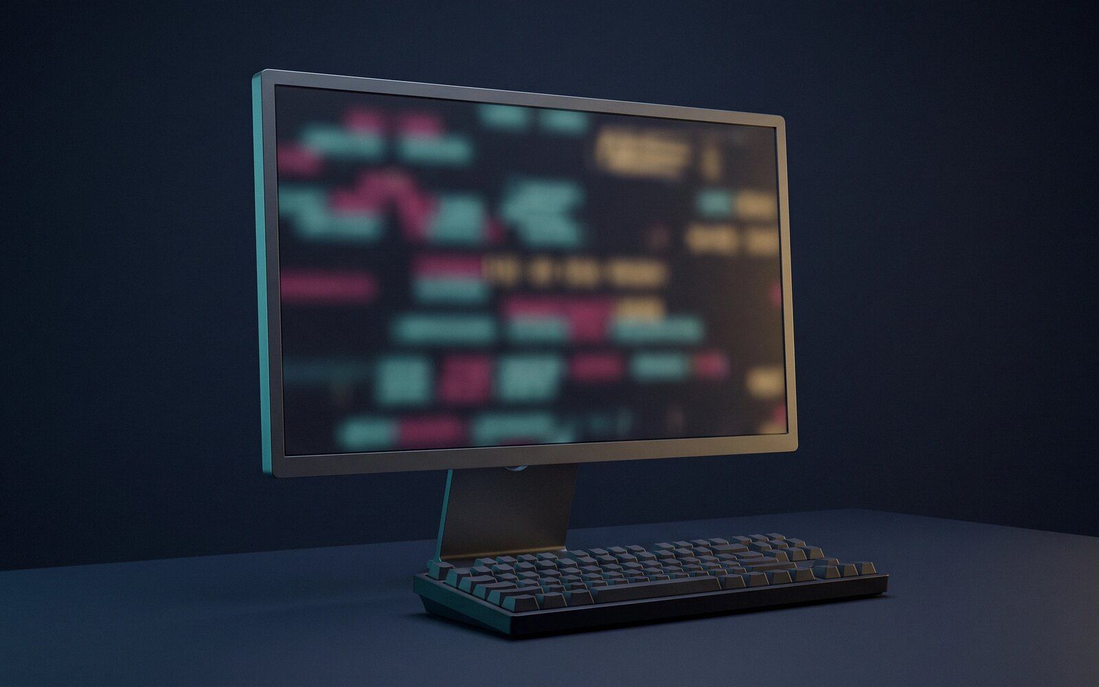 Monitor mit unscharfem Programmcode, davor eine Tastatur